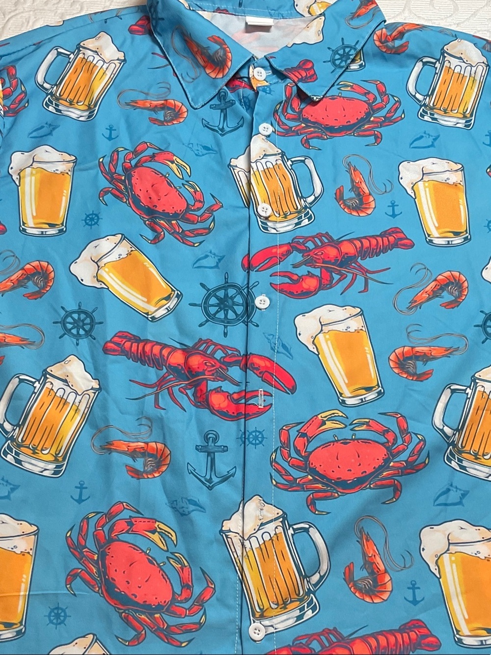 Tropical Seafood & Beer Print Button-Up Shirt - Blue with Red. New. XXL